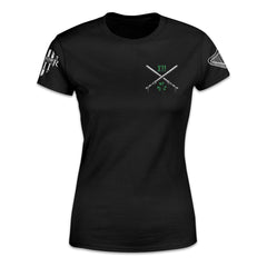 A black women's relaxed fit'shirt with two batons crossed and XII printed on the front.