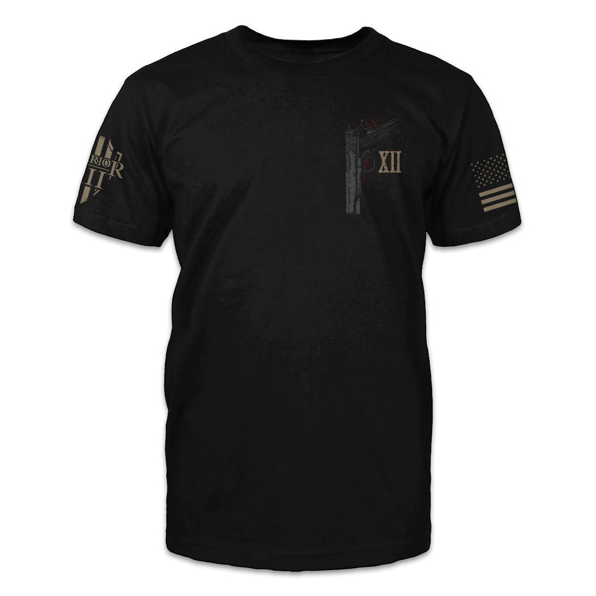 A black t-shirt with a pistol printed on the front.