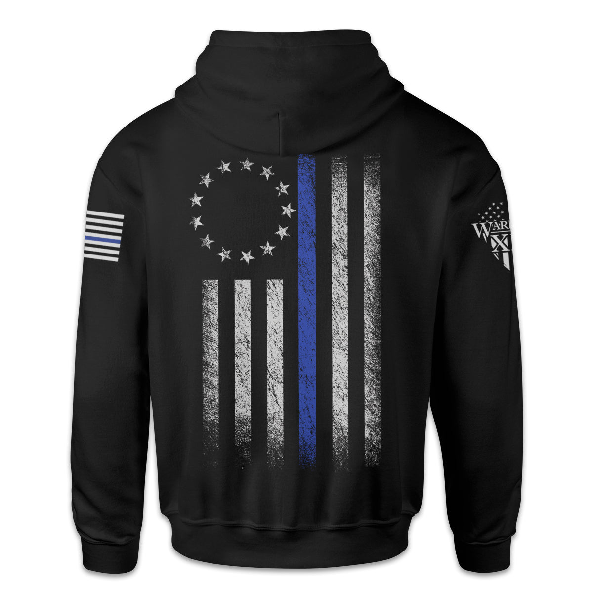 A black hoodie that features a thin blue line Betsy Ross flag on a back print to show that we remain undeterred in our support for American law enforcement. printed on the back of the shirt.
