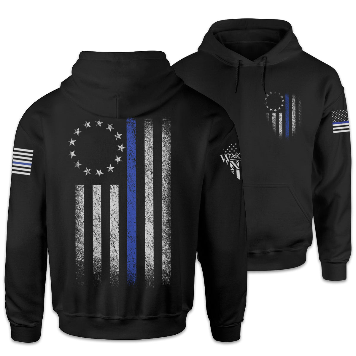 Front & back black hoodie shirt that features a thin blue line Betsy Ross flag on a back print to show that we remain undeterred in our support for American law enforcement. printed on the shirt.