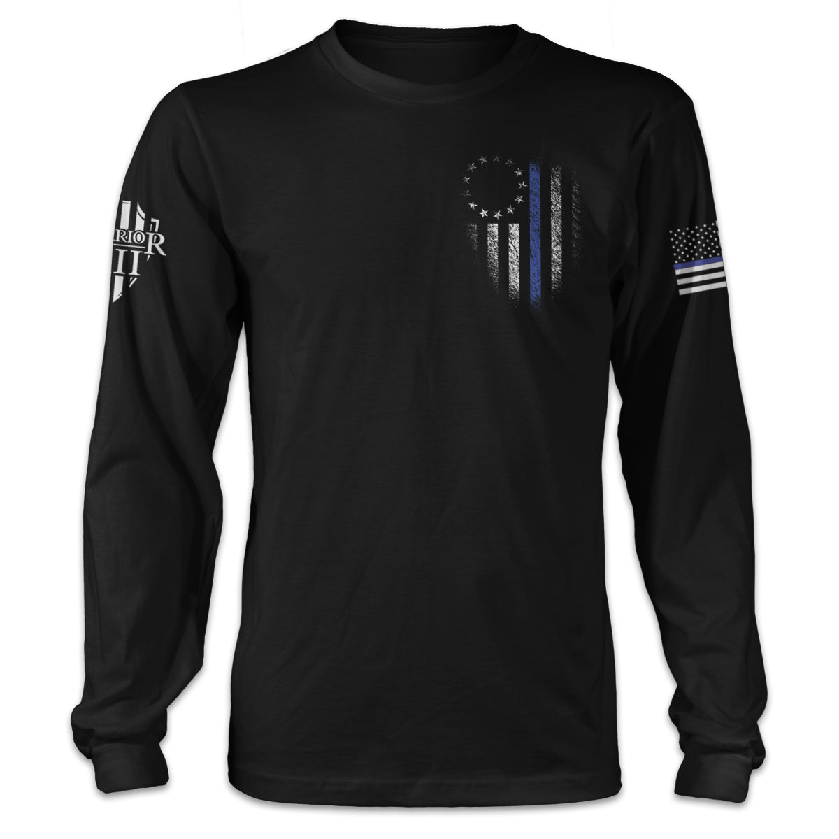 A black long sleeve shirt with the thin blue line betsy ross flag printed on the front left chest of the shirt.