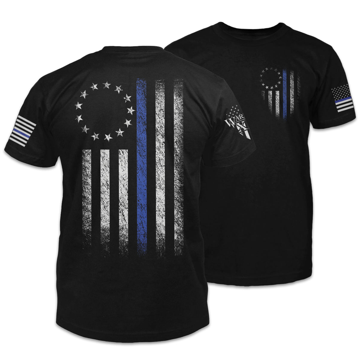 Front & back black t-shirt that features a thin blue line Betsy Ross flag on a back print to show that we remain undeterred in our support for American law enforcement. printed on the shirt.