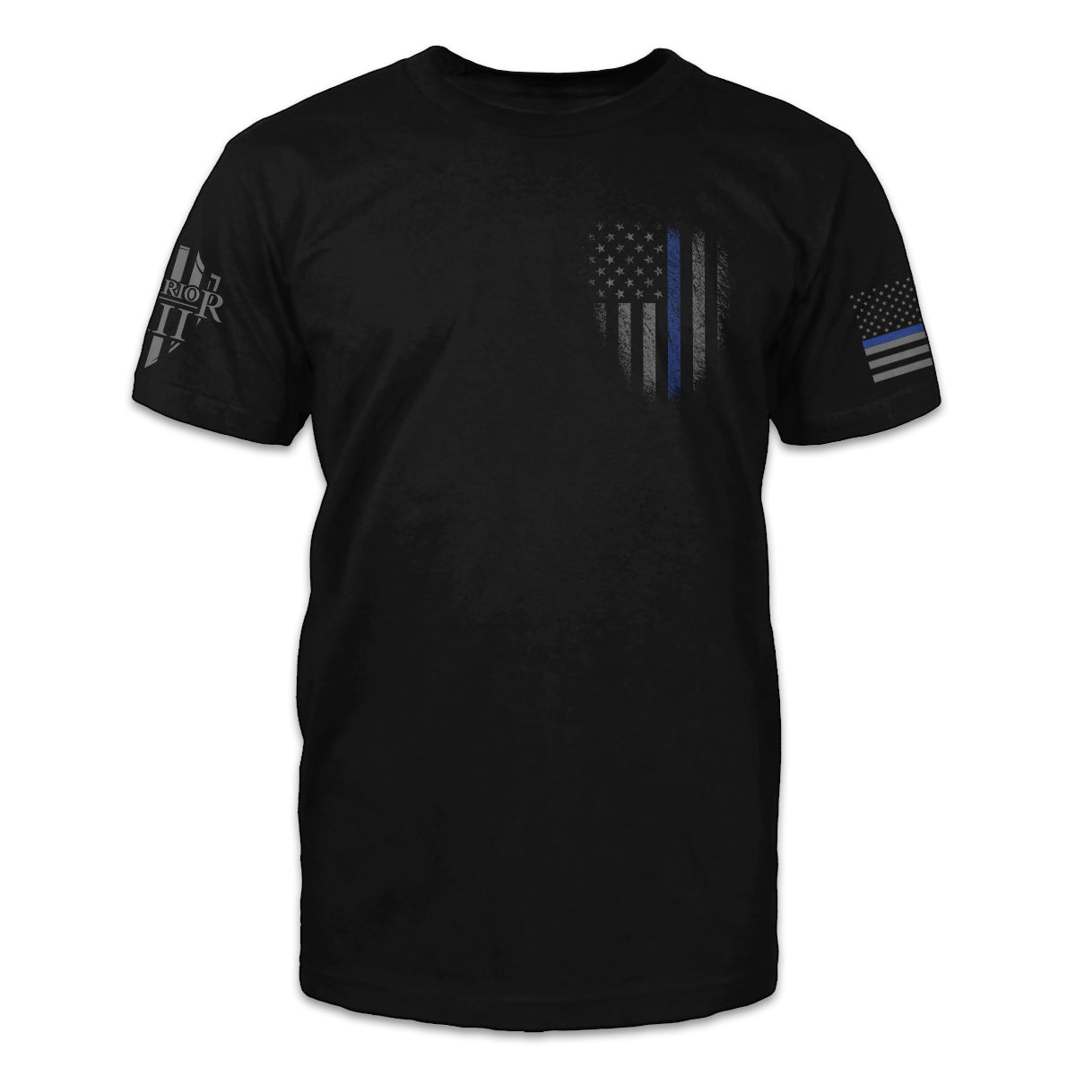 A black t-shirt with a distressed thin blue line USA flag printed on the front left chest.