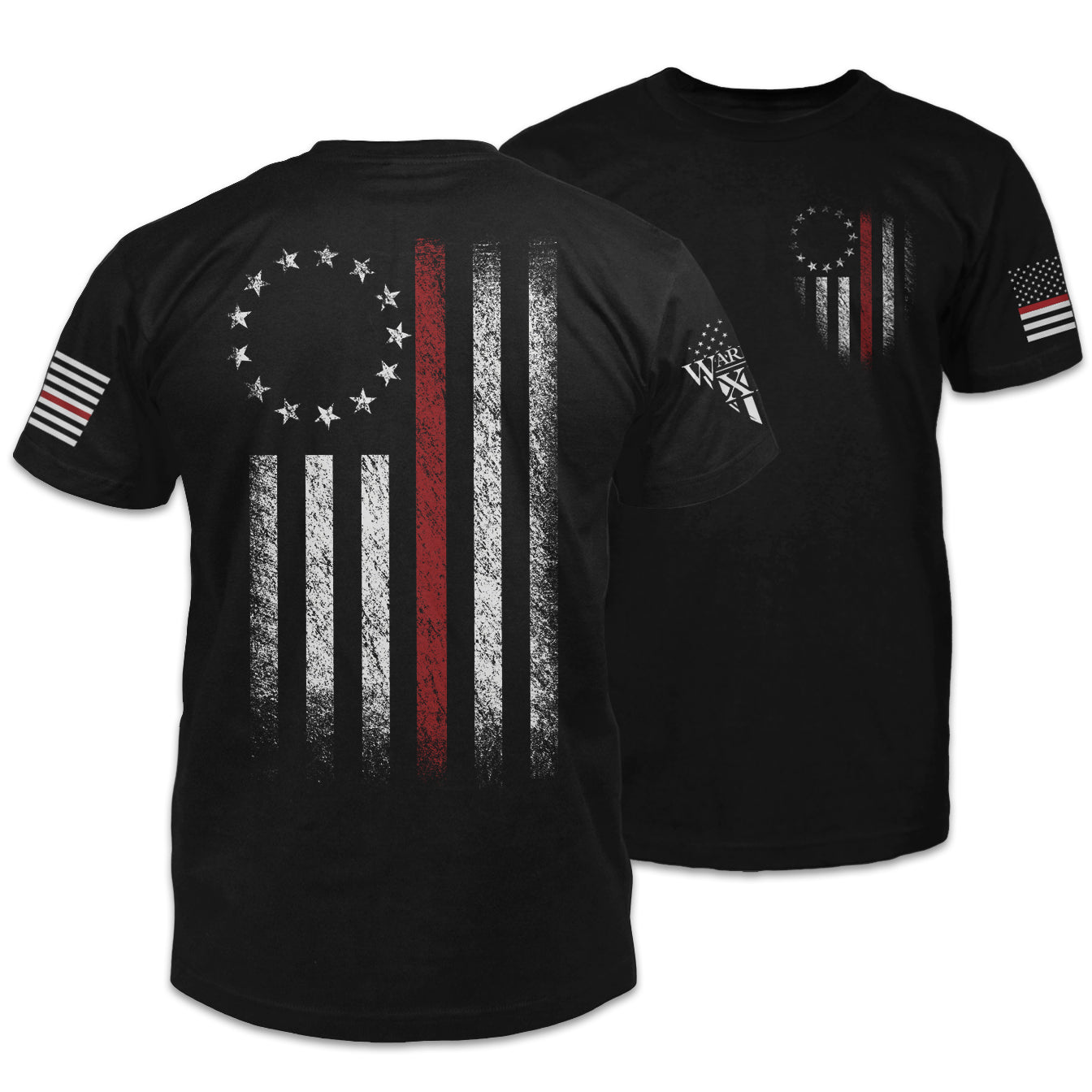 Front & back black t-shirt that features a Thin Red Line Betsy Ross Flag shirt printed on the shirt.