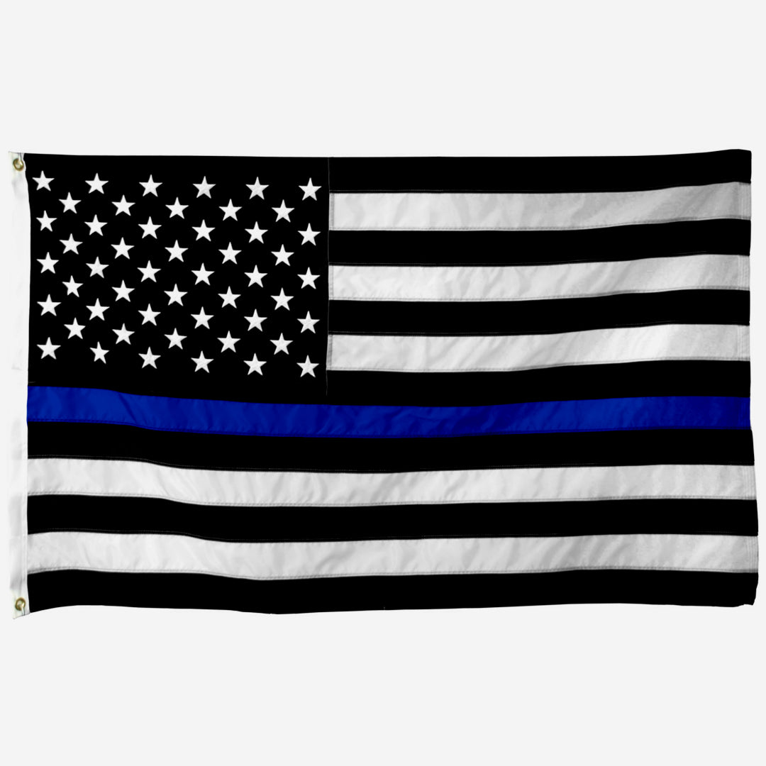 A front photo of the Embroidered Thin Blue Line Flag.