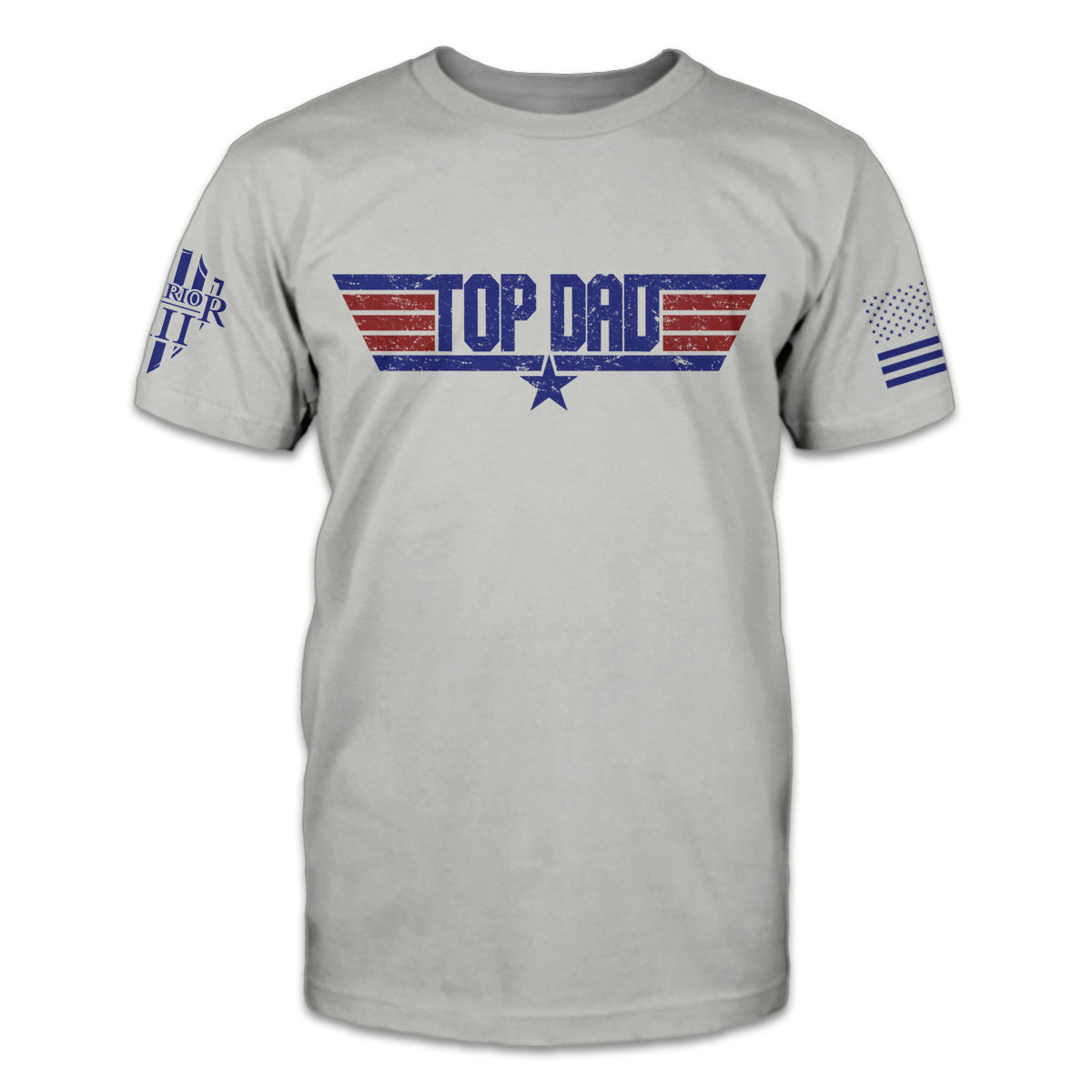 A light grey t-shirt with the words "top dad" printed on the front.