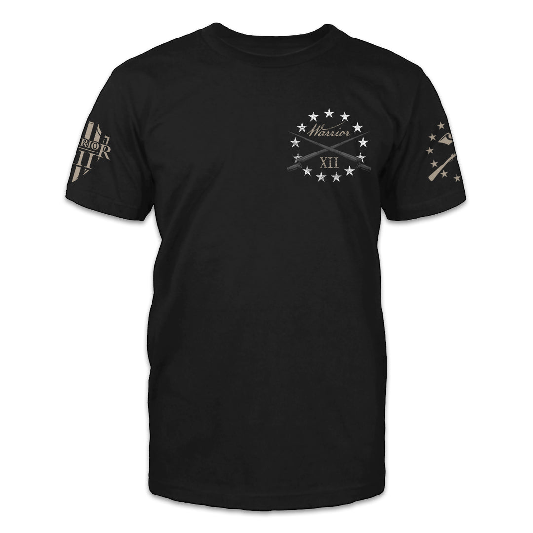 A black t-shirt with stars and two bayonets crossed over printed on the front left chest.