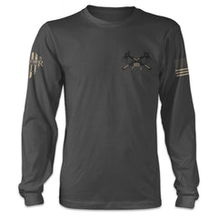 A dark grey long sleeve shirt with two axes crossed over printed on the front of the shirt.