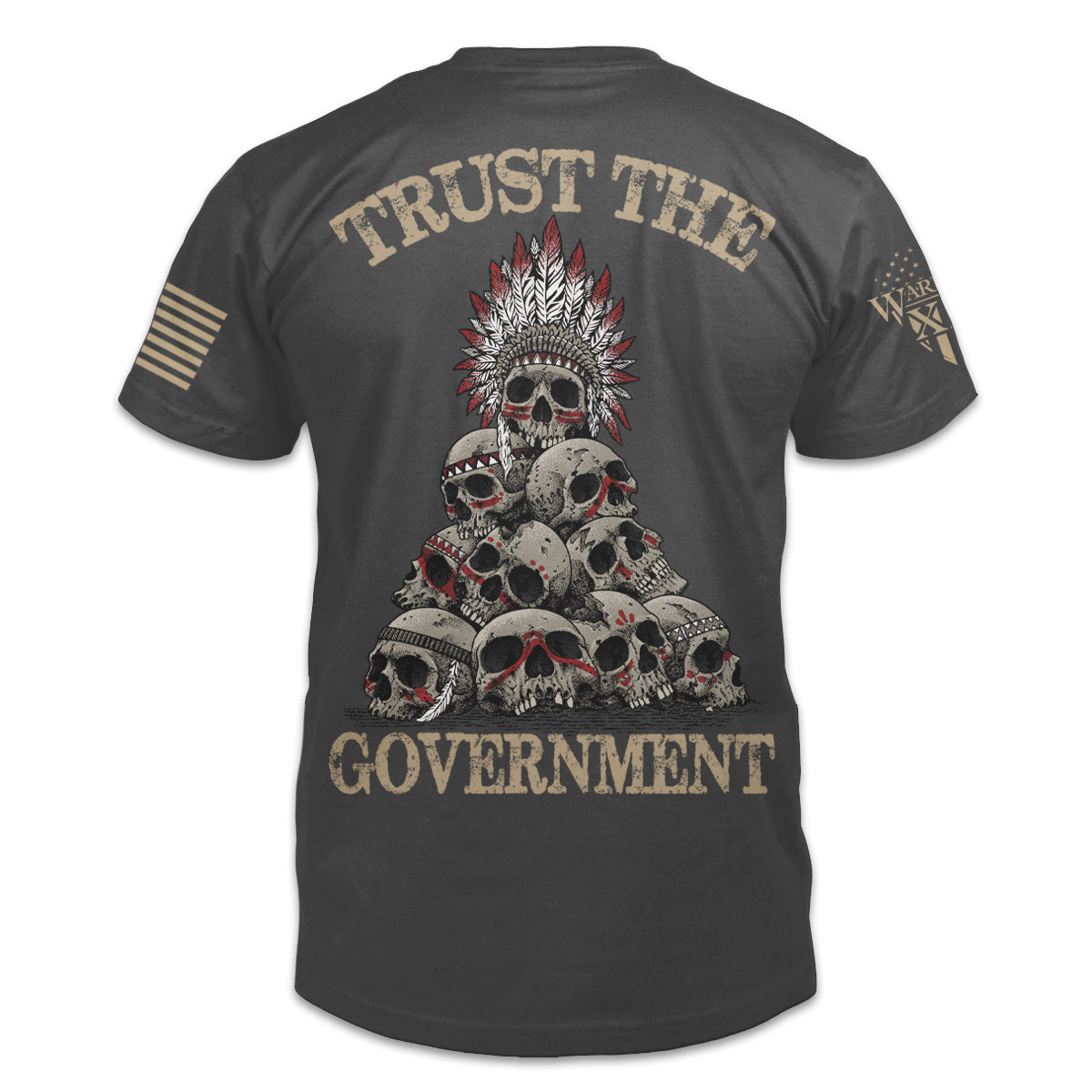 A dark grey t-shirt with the words "Trust the government" printed on the back of the shirt.