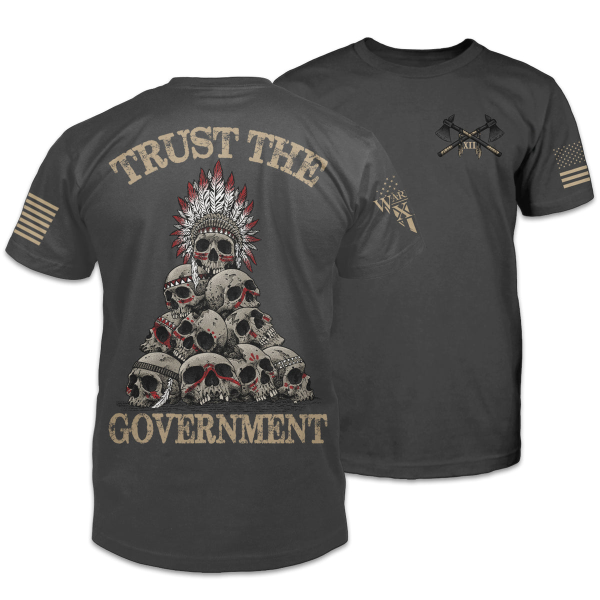 Front and back dark grey t-shirt with the words "Trust the government" printed on the shirt.