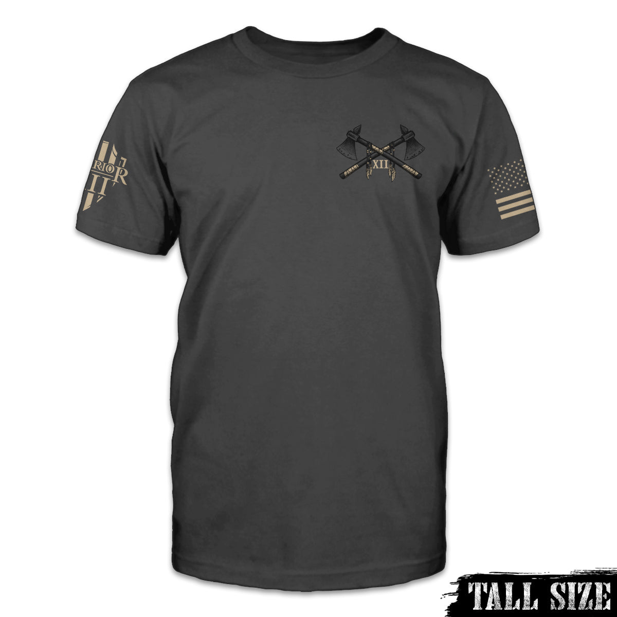 A dark grey tall size shirt with two axes crossed over printed on the front of the shirt.