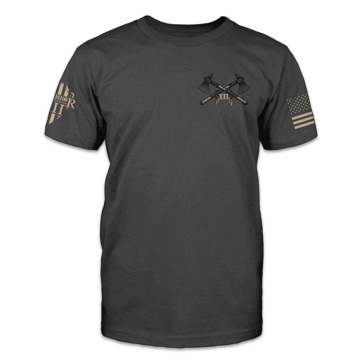 A dark grey t-shirt with two axes crossed over printed on the front of the shirt.