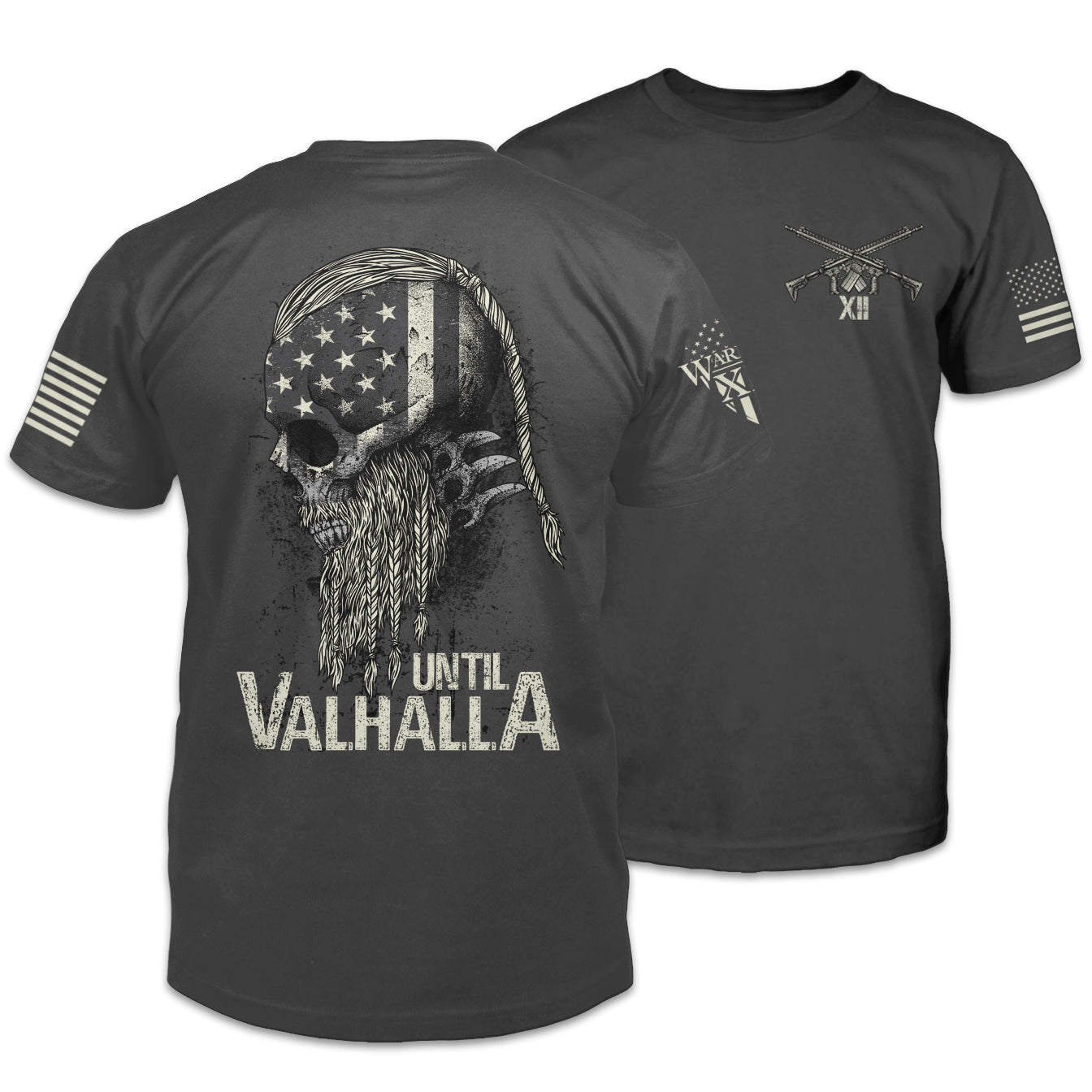 Front & back dark grey t-shirt with the words "Until Valhalla" and a side view of a viking printed on the shirt.