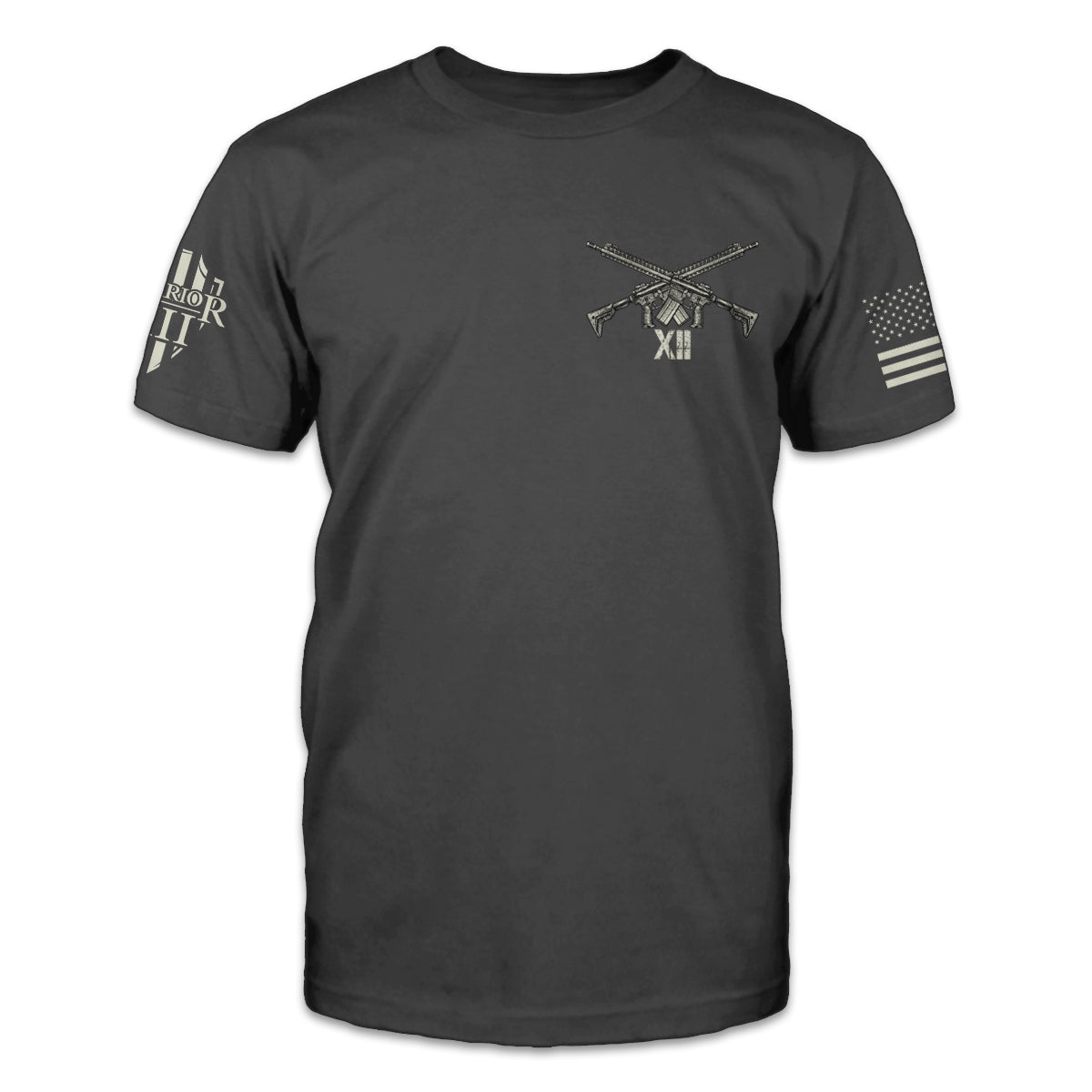 A dark grey t-shirt with two AR15's crossed over printed on the front left side of the chest.