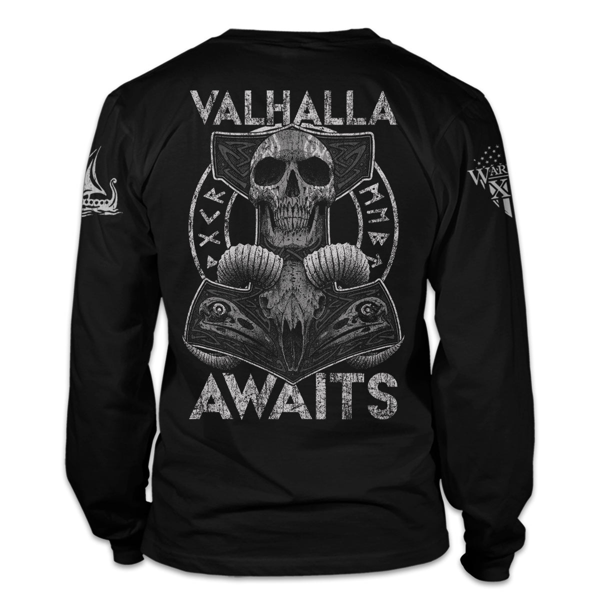 A black long sleeve shirt features a Thor's hammer skull design. The ram skull symbolizes the rams that pulled Thor's chariot.