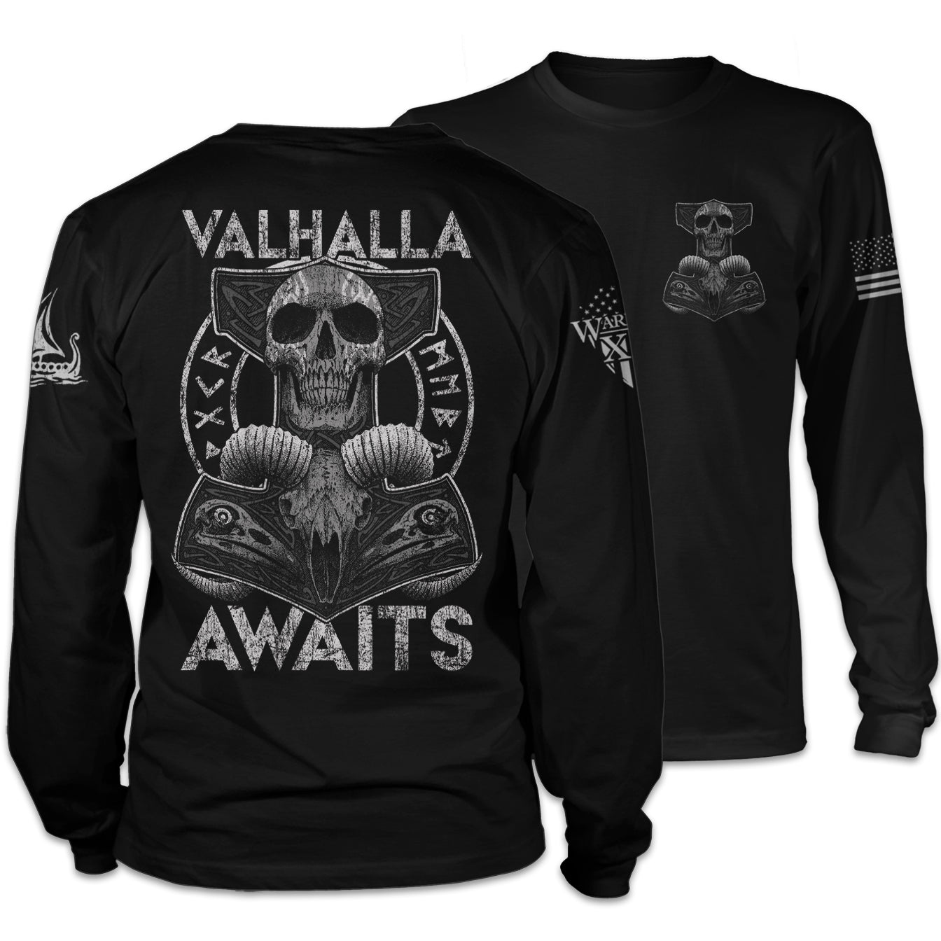 Front & back black long sleeve shirt features a Thor's hammer skull design. The ram skull symbolizes the rams that pulled Thor's chariot.