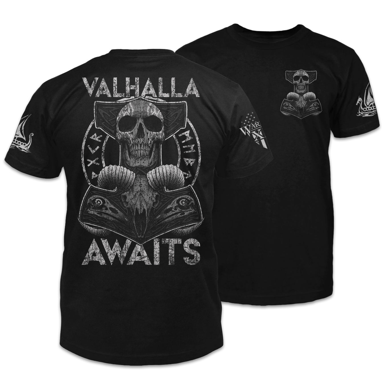 Front & back black t-shirt features a Thor's hammer skull design. The ram skull symbolizes the rams that pulled Thor's chariot. 