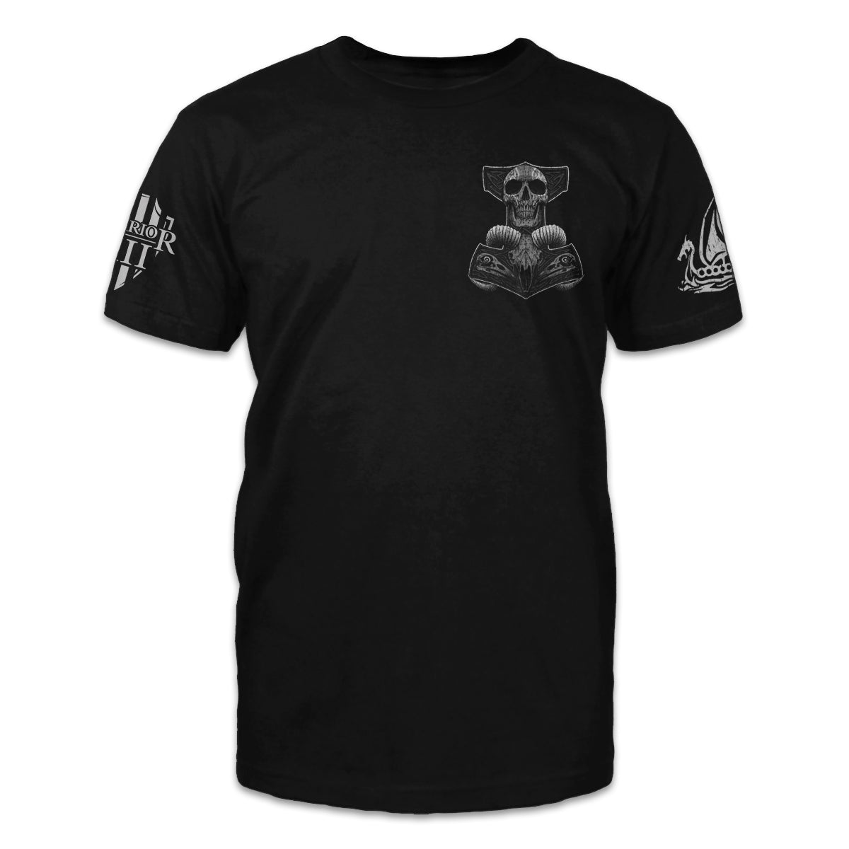 A  black t-shirt features a Thor's hammer skull design. The ram skull symbolizes the rams that pulled Thor's chariot printed n the front left chest.