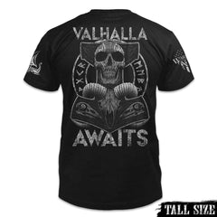 A black tall size shirt features a Thor's hammer skull design. The ram skull symbolizes the rams that pulled Thor's chariot.