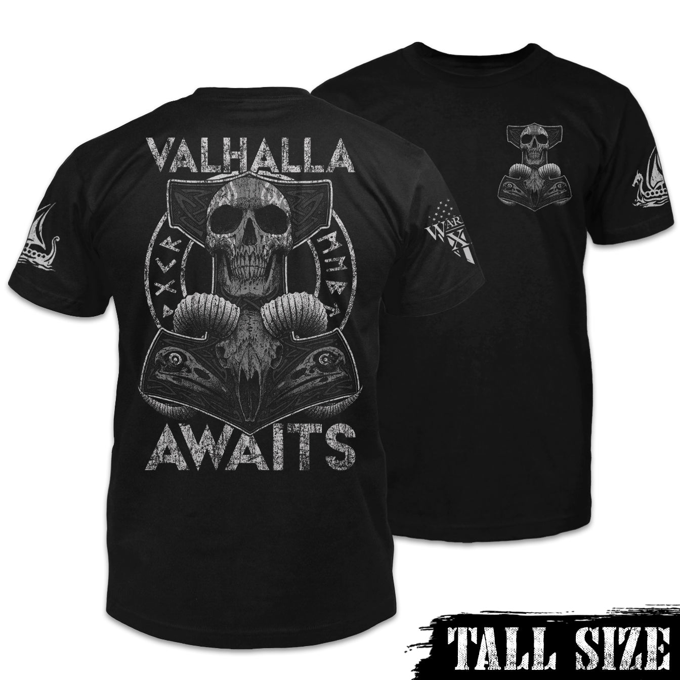 Front & back black tall size shirt features a Thor's hammer skull design. The ram skull symbolizes the rams that pulled Thor's chariot.