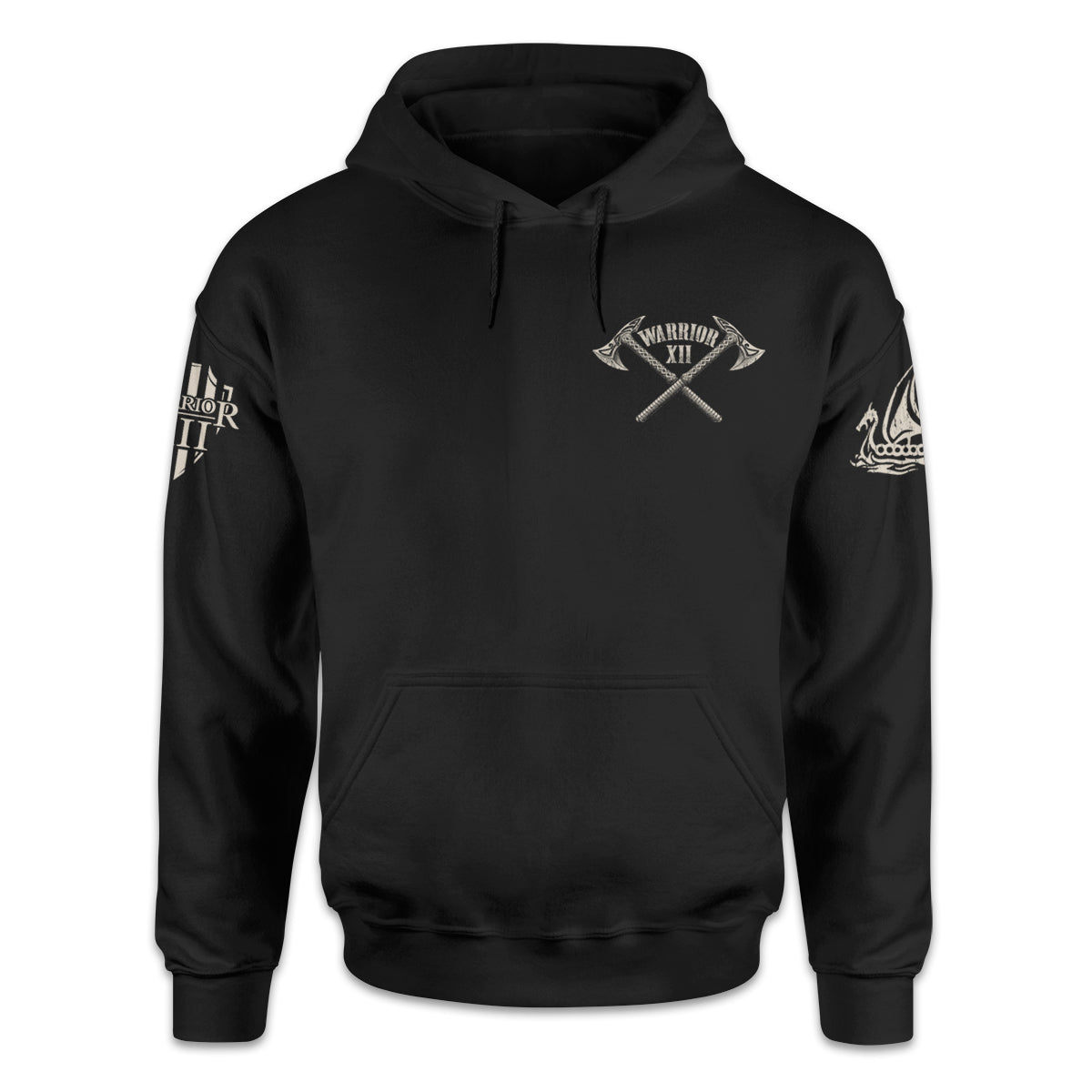 A black hoodie with two axes crossed over and the words "Warrior XII" printed on the front.