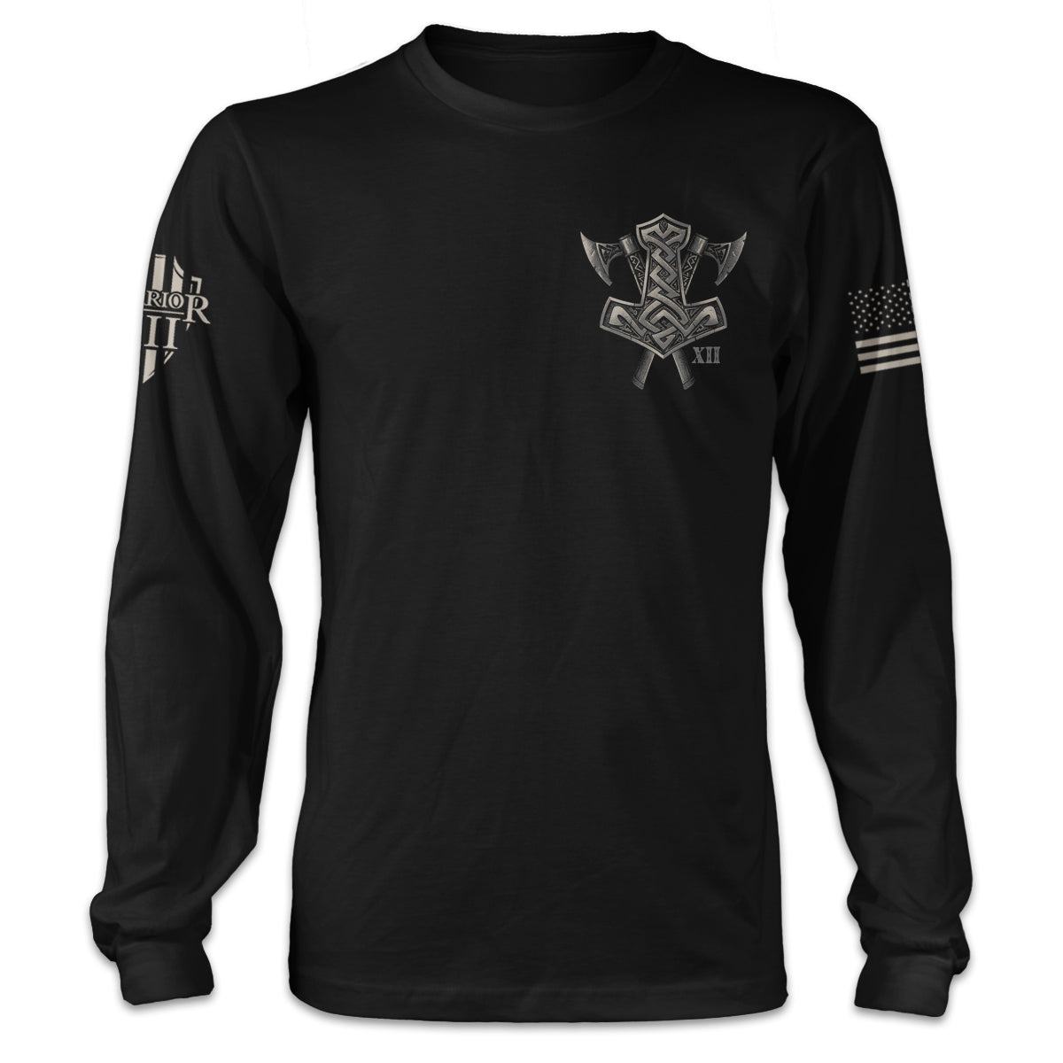 A black long sleeve shirt with Viking weapons printed on the front left chest.