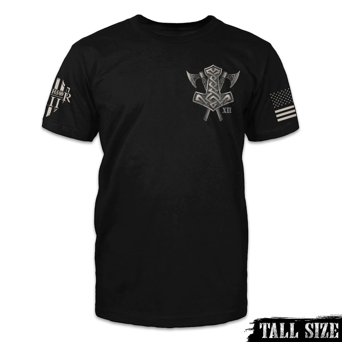 A black tall size shirt with Viking weapons printed on the front left chest.