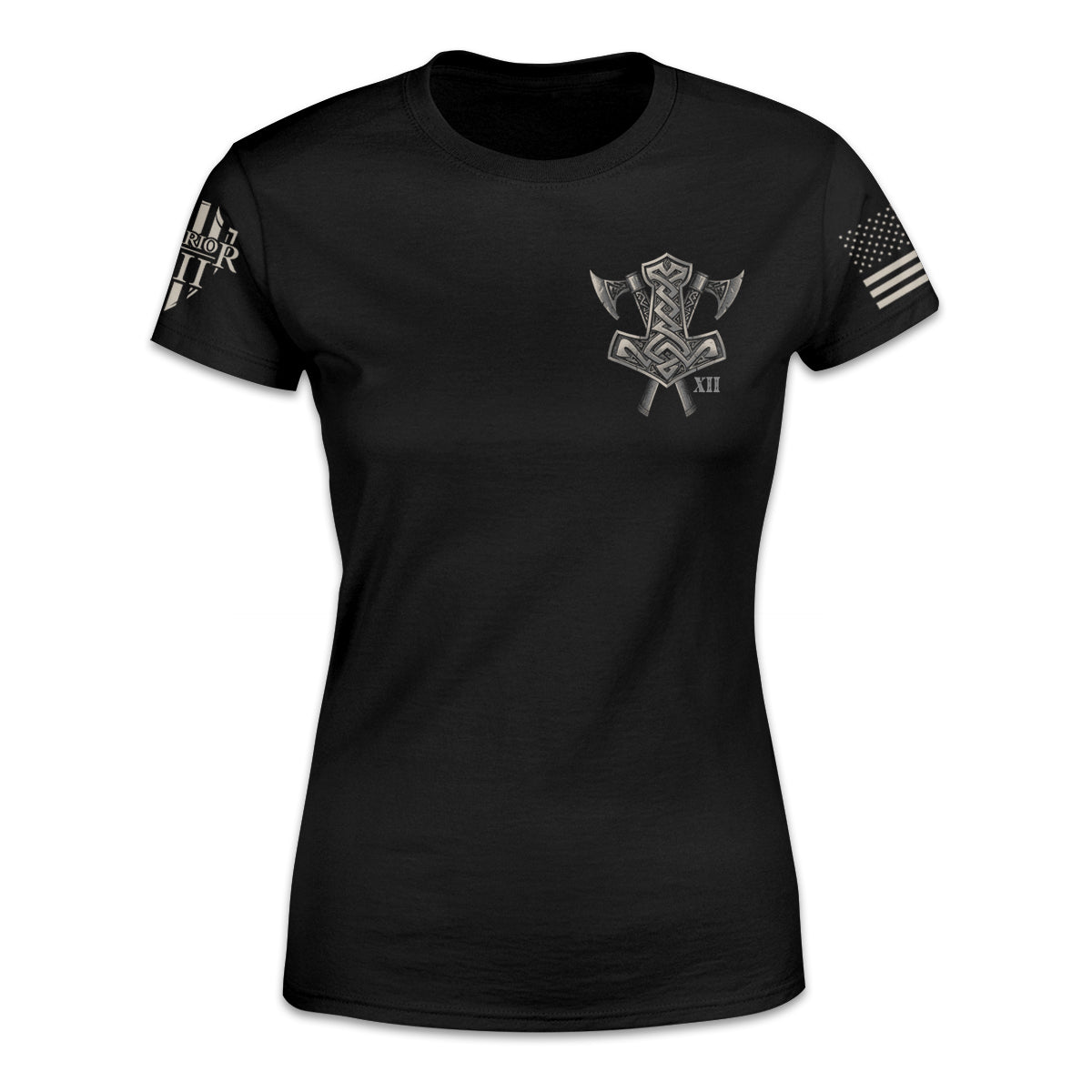 A black women's relaxed fit shirt with Viking weapons printed on the front left chest.