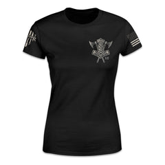 A black women's relaxed fit'shirt with Viking weapons printed on the front left chest.