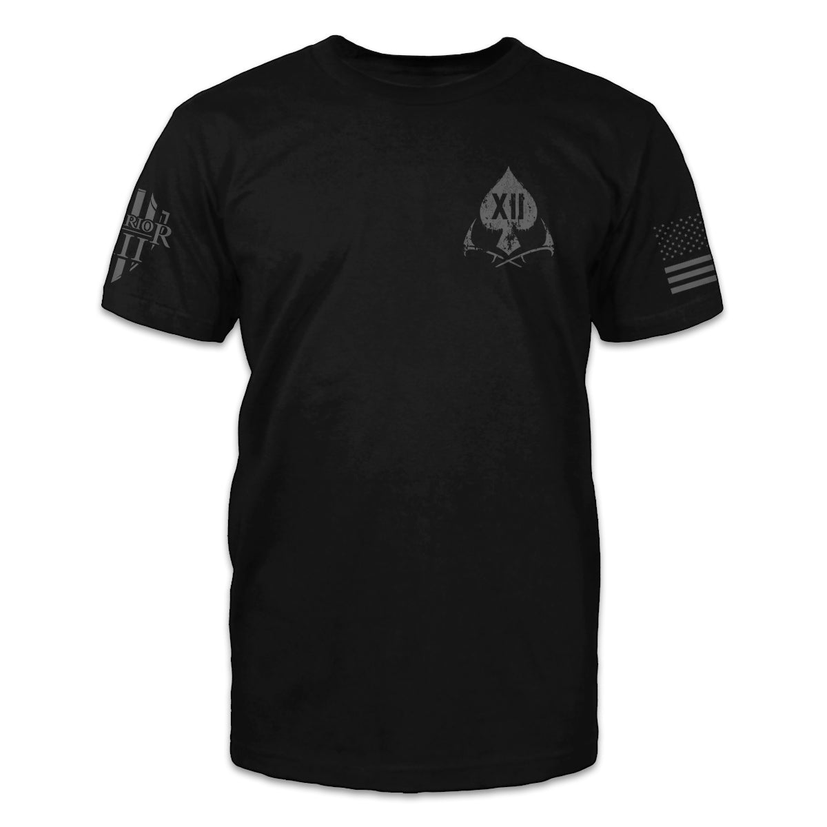 A black t-shirt with an ace printed on the front left chest.