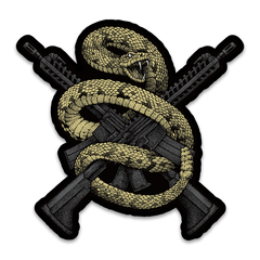 A decal with a rattlesnake wrapped around two guns.