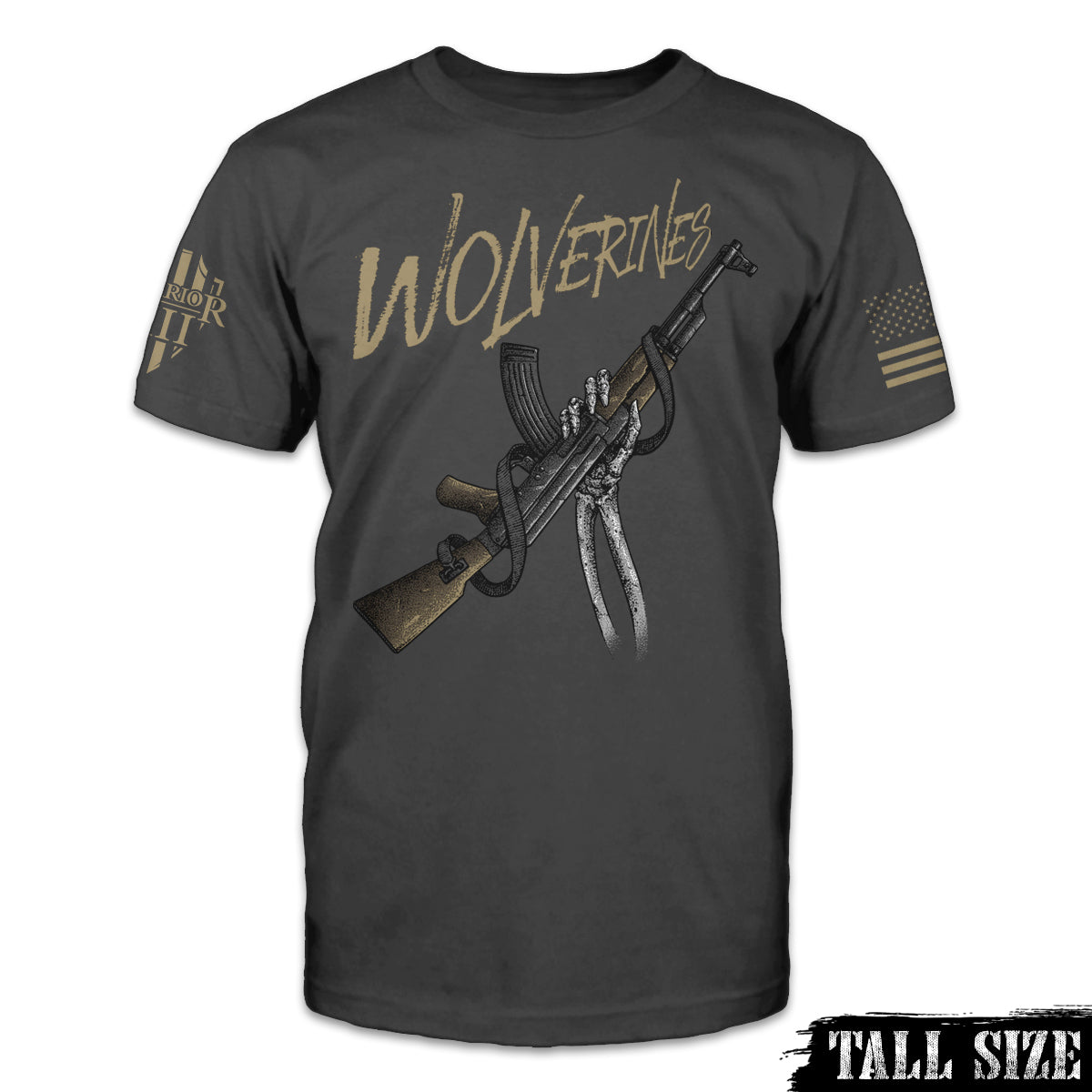 A dark grey tall size shirt with the word "Wolverines" and a skeleton arm holding a gun printed on the front of the shirt.