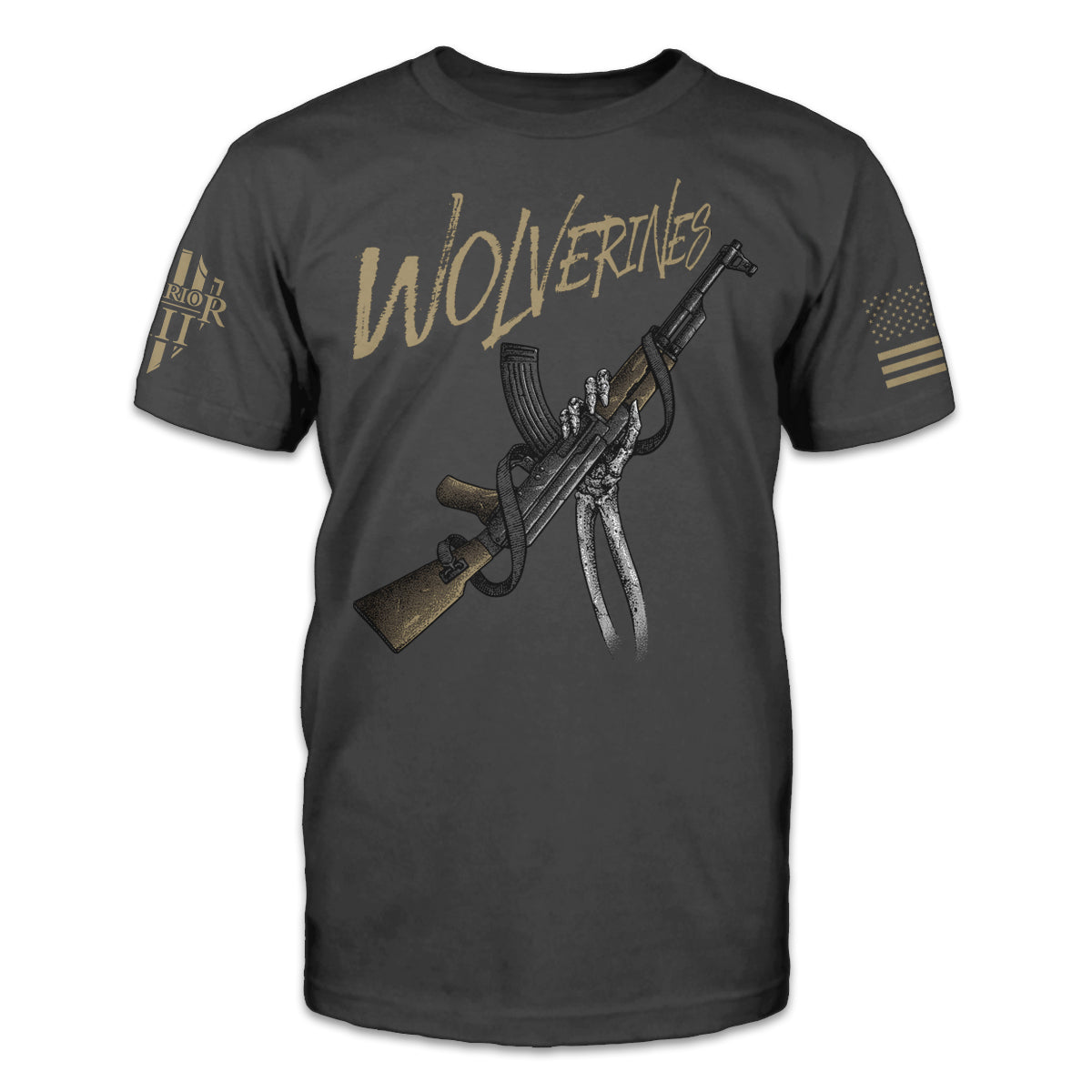 A dark grey t-shirt with the word "Wolverines" and a skeleton arm holding a gun printed on the front of the shirt.