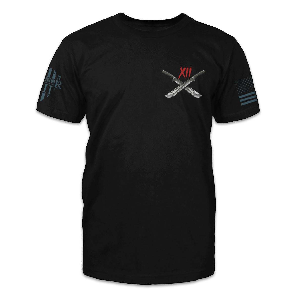 A black t-shirt with two machetes crossed over printed on the front of the shirt.