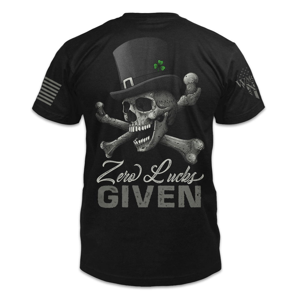 The back of a black t-shirt featuring an image of a skull and crossbones with a tophat and shamrock in the hat; the owrds "zero lucks given" are below the image.