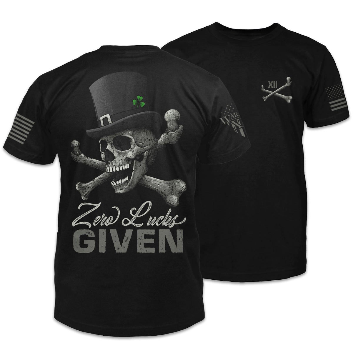 The front and back of a black t-shirt. On the back is an an image of a skull and crossbones with a tophat and shamrock in the hat; the owrds "zero lucks given" are below the image. The front of the shirt has a pocket image of crossbones with an XII.