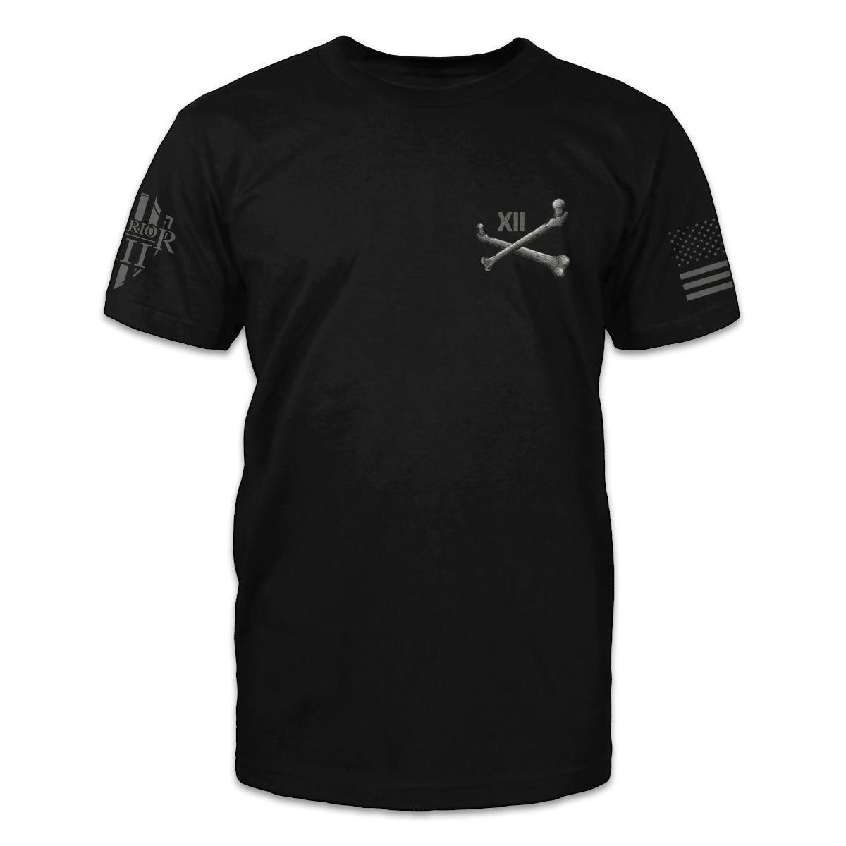 The front of  black t-shirt featuring a pocket image of crossbones with an XII.