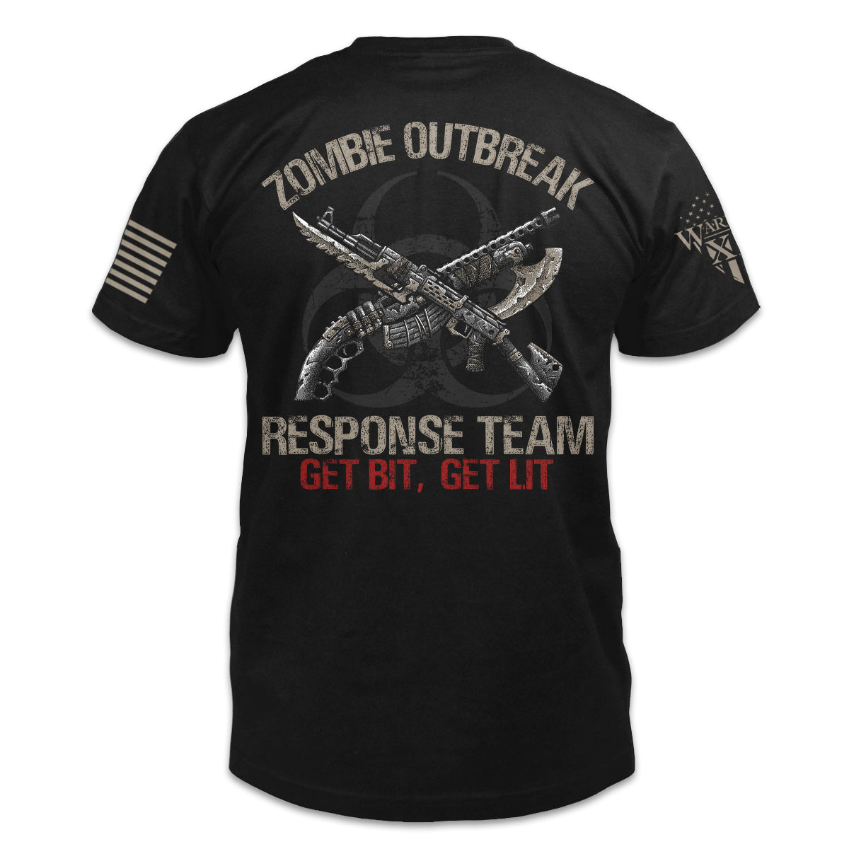 A black t-shirt with the words "Zombie Outbreak Response Team - Get Bit, Get Lit" and two guns with knives printed on the back of the shirt.