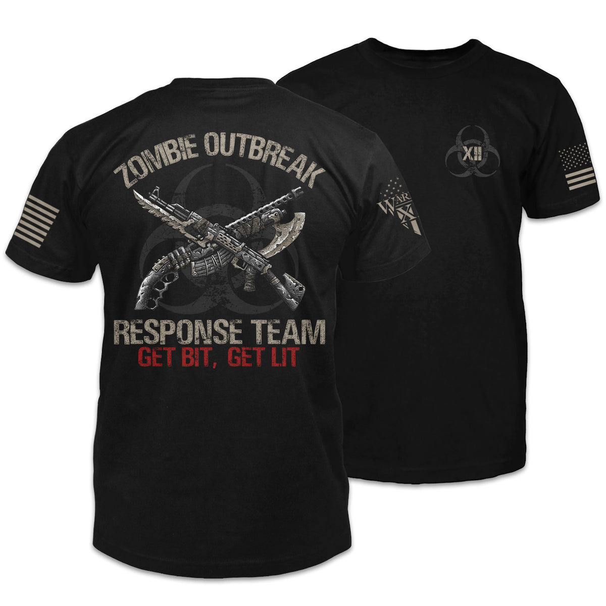 Front and back black t-shirt with the words "Zombie Outbreak Response Team - Get Bit, Get Lit" and two guns with knives printed on the shirt.