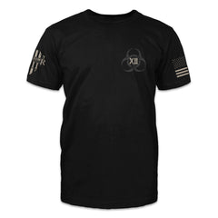 A black t-shirt with a zombie symbol and the words "XII" printed on the front of the shirt.
